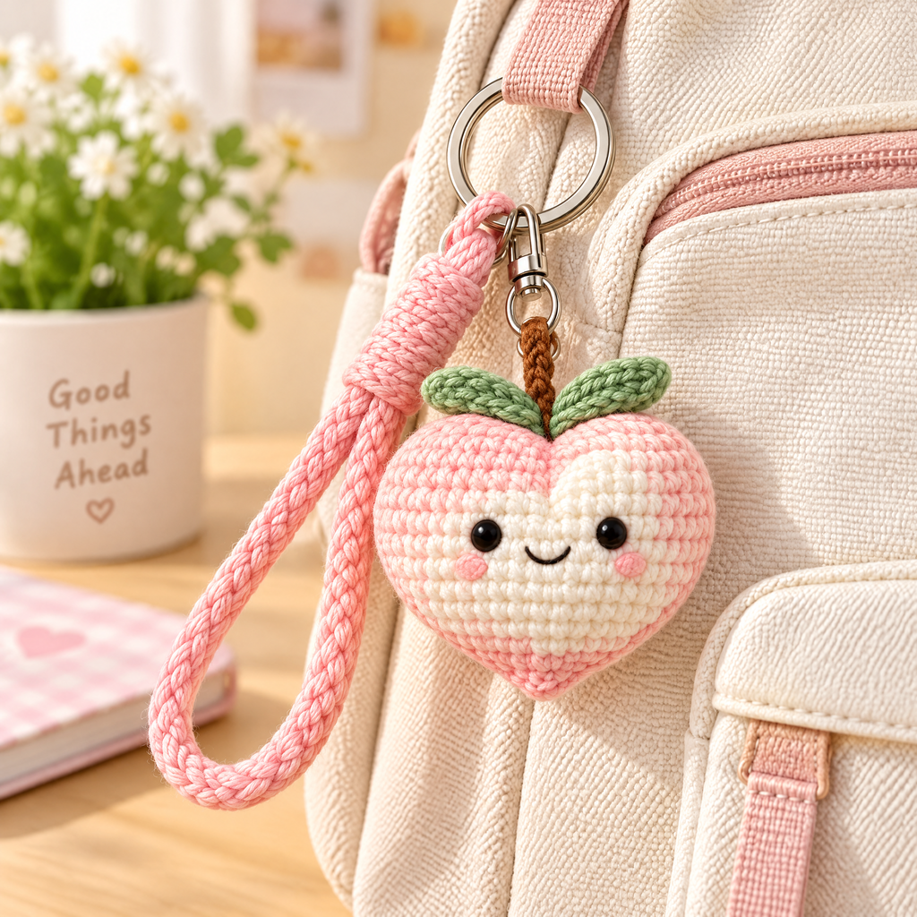 𝒁𝒖𝒙𝒒𝒆𝒗𝒓™ Smiling Peach Crochet Keychain with Wrist Strap