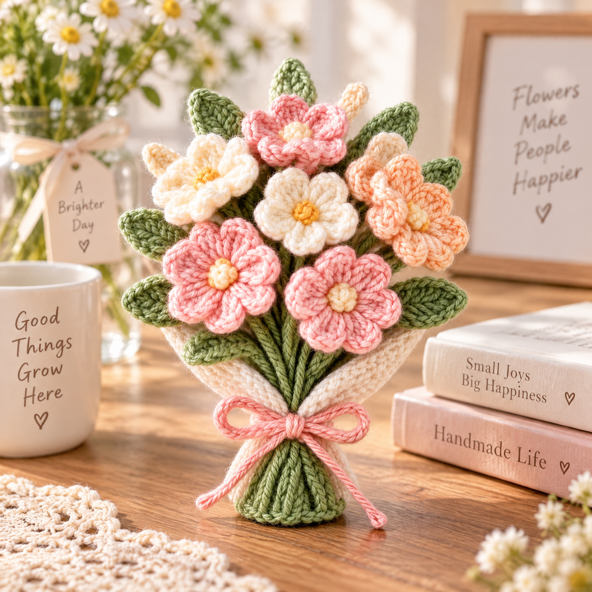 𝒁𝒖𝒙𝒒𝒆𝒗𝒓™ Pink & Peach Crochet Flower Bouquet
