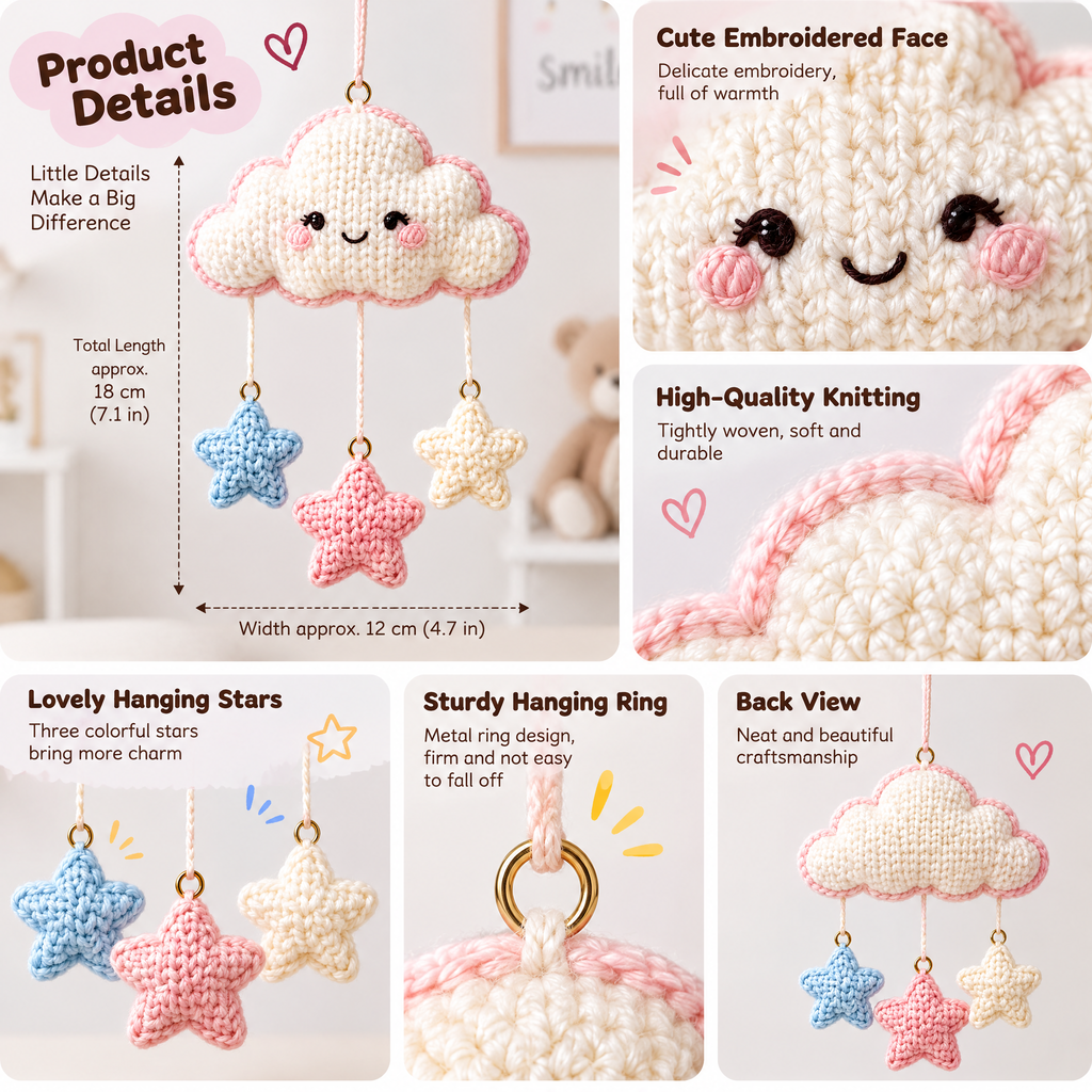 𝒁𝒖𝒙𝒒𝒆𝒗𝒓™ Smiling Cloud & Stars Crochet Wall Hanging