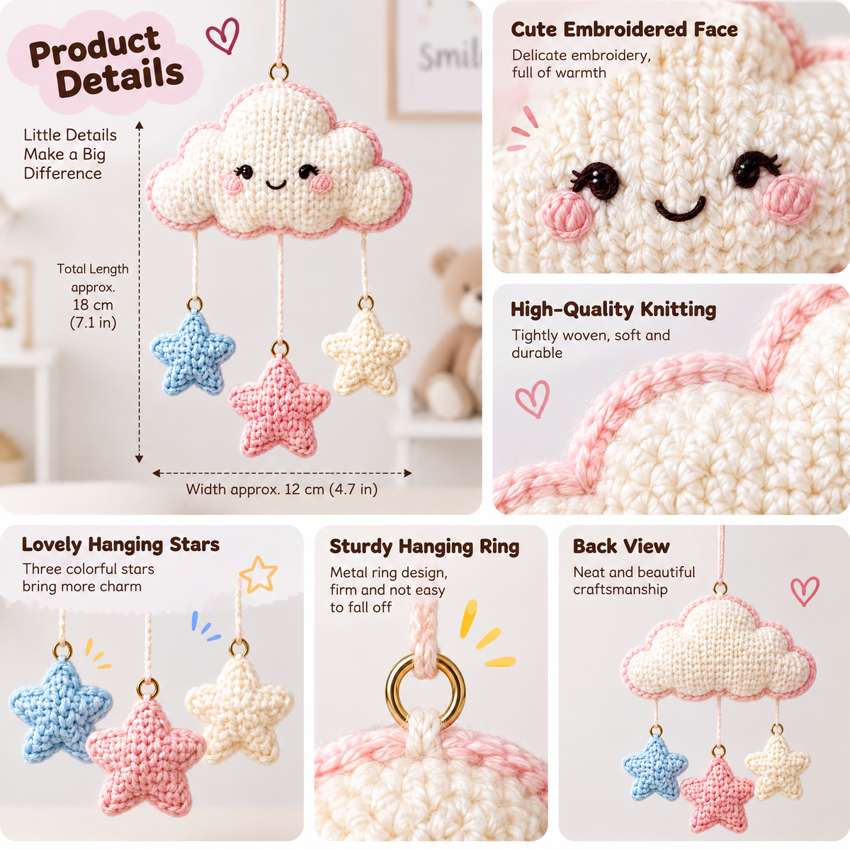𝒁𝒖𝒙𝒒𝒆𝒗𝒓™ Smiling Cloud & Stars Crochet Wall Hanging