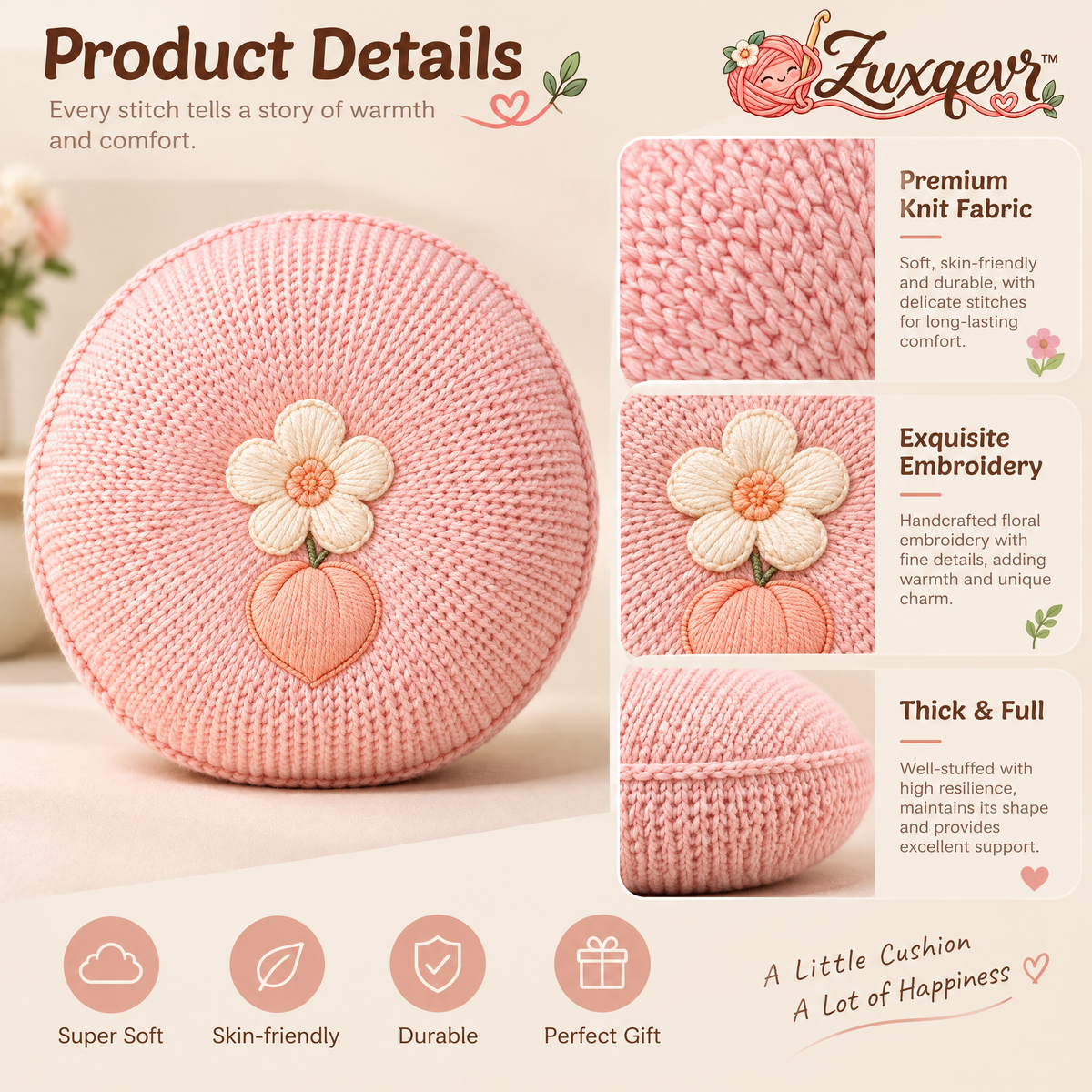 𝒁𝒖𝒙𝒒𝒆𝒗𝒓™ Pink Daisy Round Knit Cushion