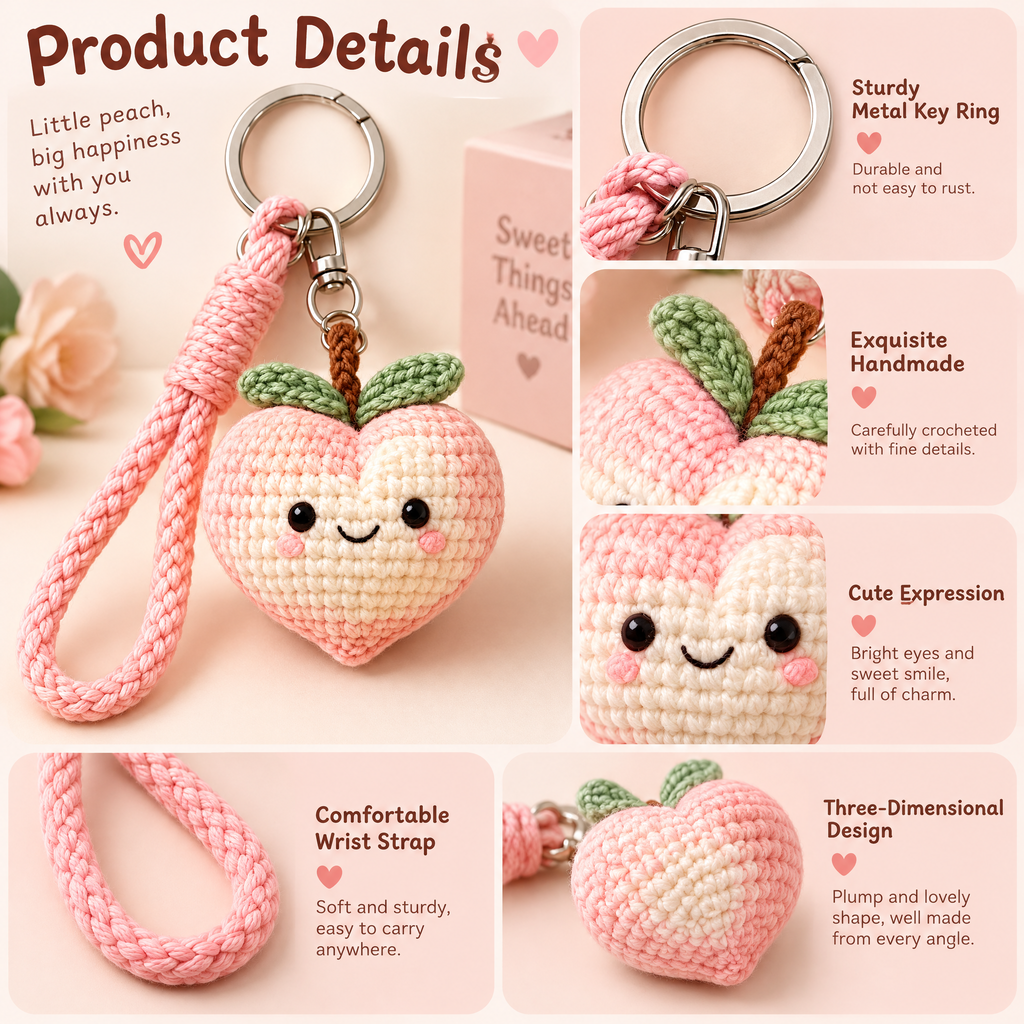 𝒁𝒖𝒙𝒒𝒆𝒗𝒓™ Smiling Peach Crochet Keychain with Wrist Strap