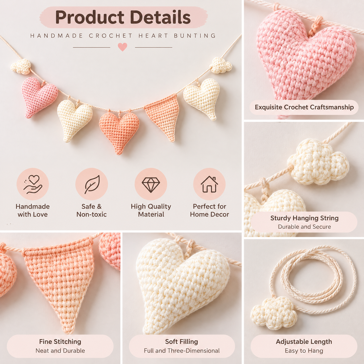 𝒁𝒖𝒙𝒒𝒆𝒗𝒓™ Pastel Crochet Heart Bunting