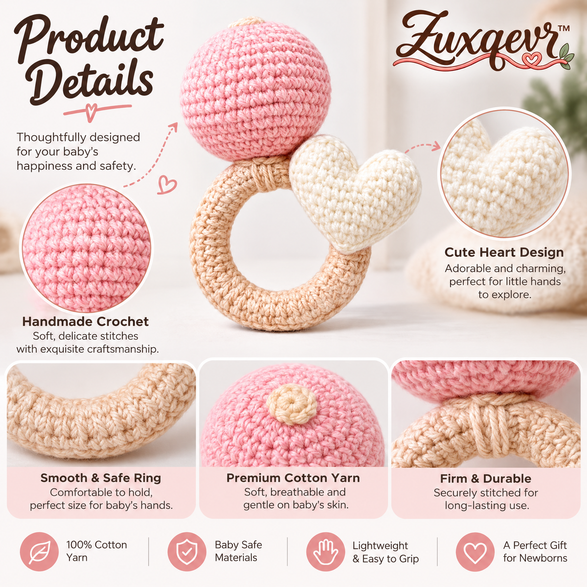 𝒁𝒖𝒙𝒒𝒆𝒗𝒓™ Pink & Cream Crochet Heart Ring