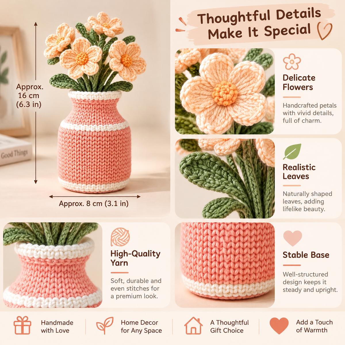 𝒁𝒖𝒙𝒒𝒆𝒗𝒓™ Peach Blossom Crochet Vase Arrangement