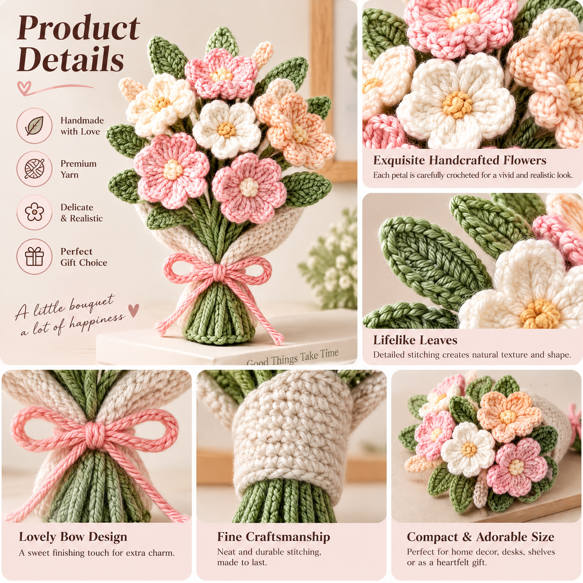 𝒁𝒖𝒙𝒒𝒆𝒗𝒓™ Pink & Peach Crochet Flower Bouquet